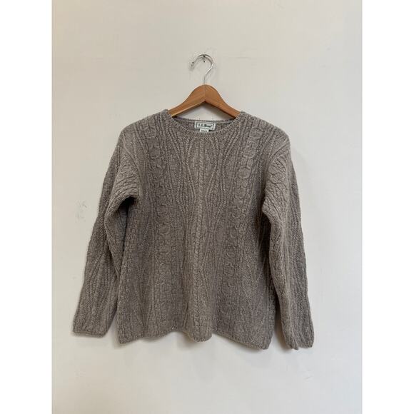 VTG LL Bean 100% Wool Fisherman Sweater Cable Knit Made in Ireland Taupe Medium - Picture 1 of 3